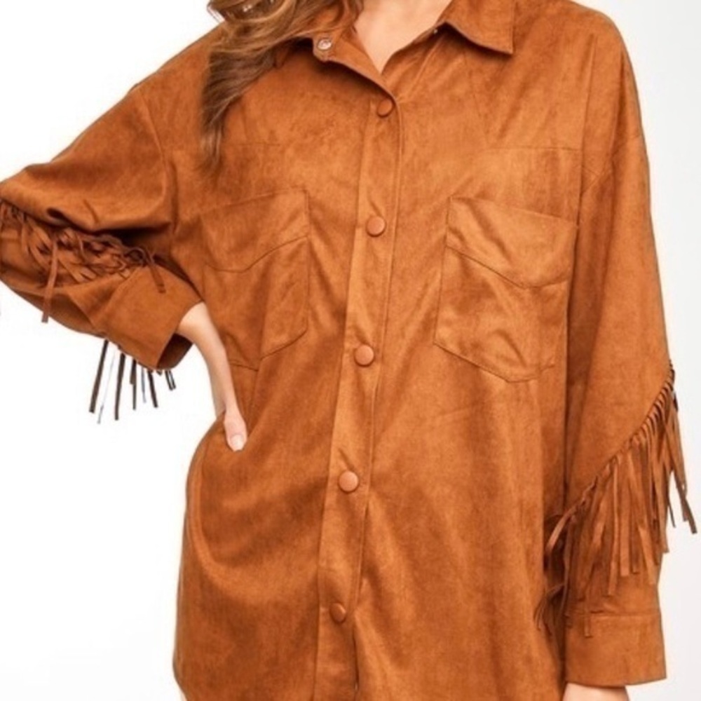 LLove Faux Suede Fringe Detail Top in Camel
